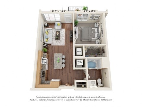 Floor plan for 1 bed, 1 bath, 706 sqft